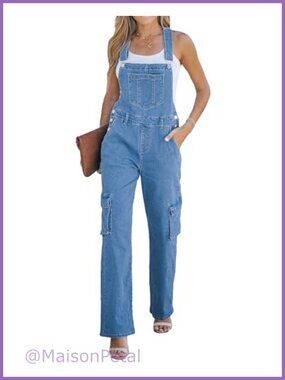Wide Leg Bib Overalls Adjustable Straps Utility Denim Jumpsuit